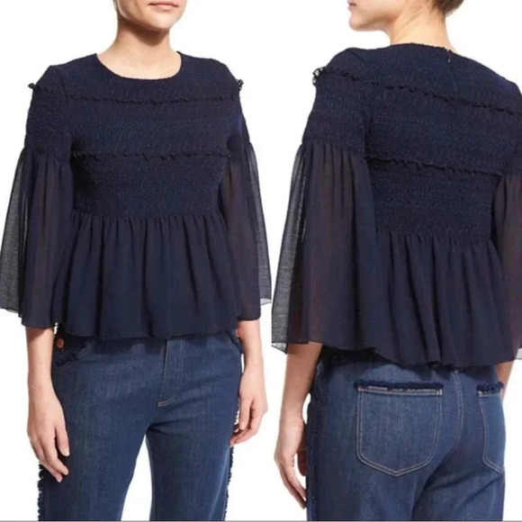 See by Chloe Navy Peplum top 3/4 sleeve top medium/sz 38 EUC - Picture 1 of 10